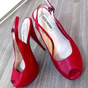 Vintage 90s Steve Madden Red Leather Platform Slingback Peep Toe Heels